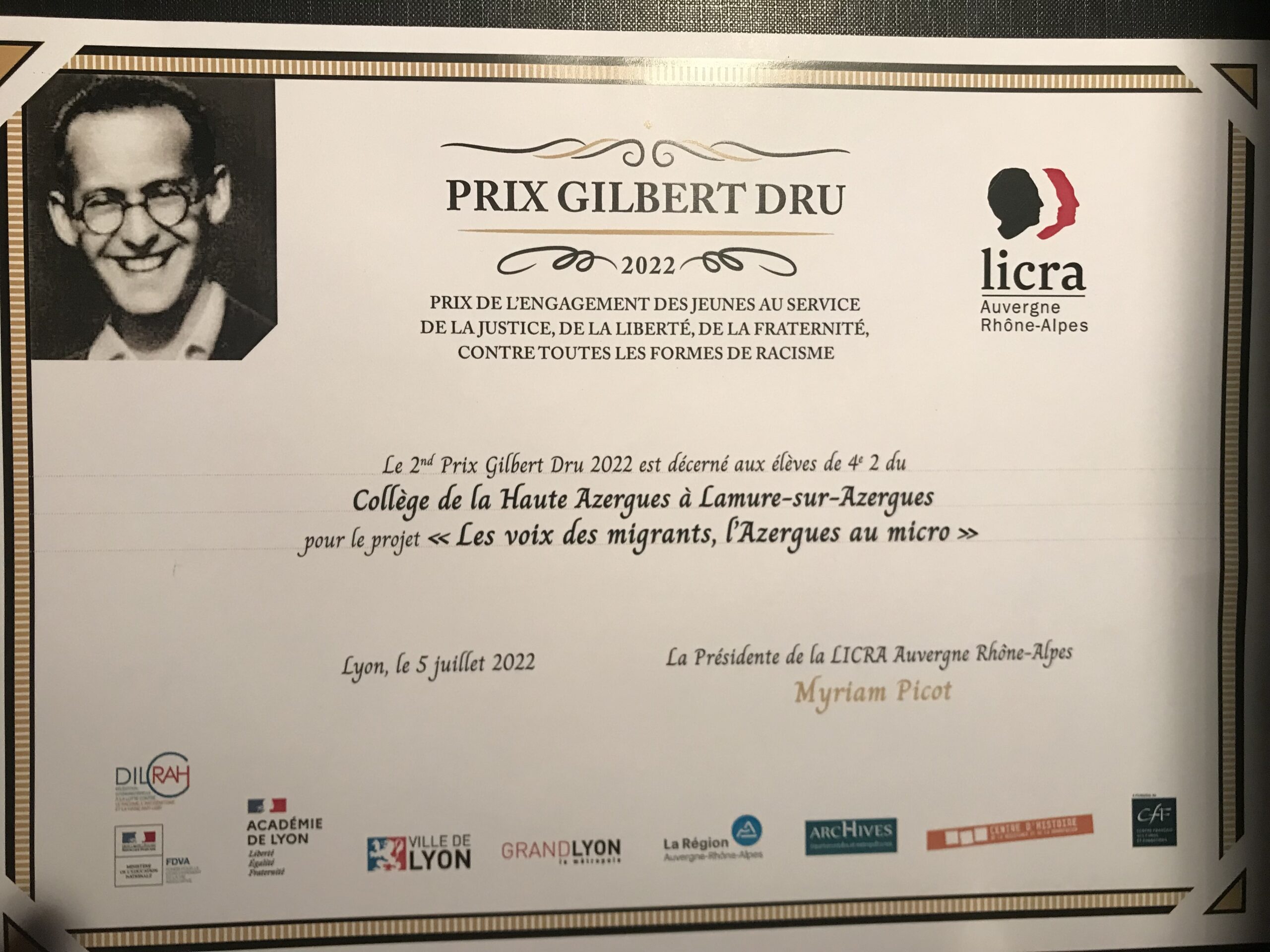 LICRA Auvergne-Rhône-Alpes : Prix Gilbert Dru. Cérémonie de remise des prix le 5 juillet 2022￼